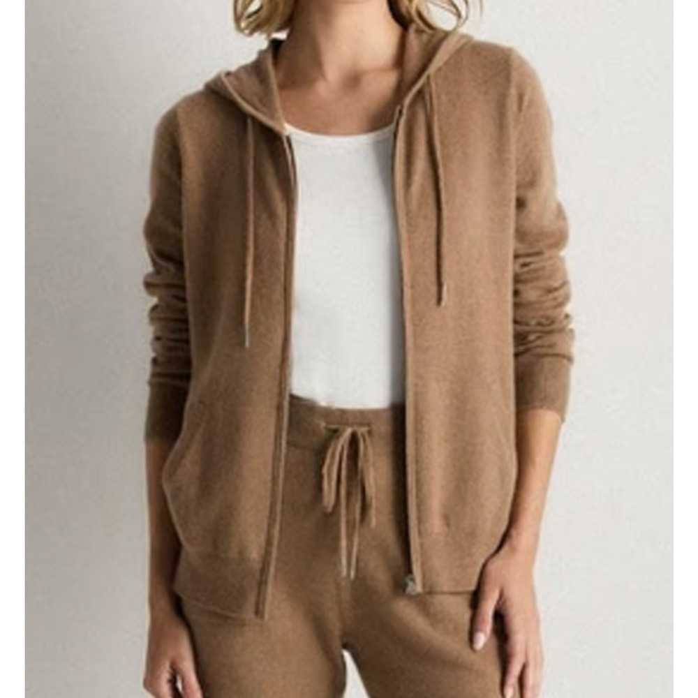 NWT Quince Mongolian Cashmere Full-Zip Hoodie Sweater XS Women's Teak Tan